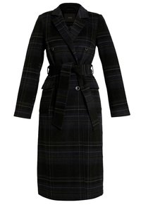 Cappotto lungo in lana a quadri scuri con ampi rever, bottoni doppi, tasche a pattina e una cintura in tessuto annodata in vita.