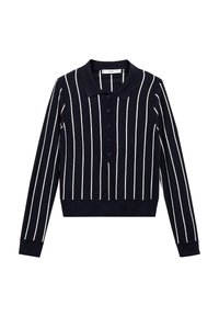 Marineblauwe polo met lange mouwen met witte verticale strepen, een kraag en een knoopsluiting aan de voorkant. Aansluitende pasvorm met geribbelde manchetten.