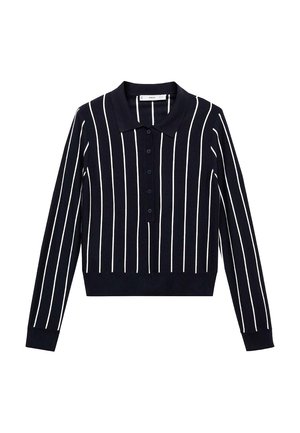 Navy long-sleeve polo shirt featuring white vertical stripes, a collared neckline, and a button-down front. Fitted silhouette with ribbed cuffs.