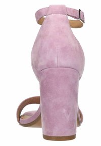 Roze suède sandalen met hoge hakken en enkelbandje, open teen en ronde uitsnijding aan de zijkant. Gestructureerde afwerking met een soepele zool.