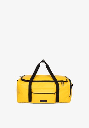 Gelbe Sporttasche aus glattem, strapazierfähigem Material. Verfügt über schwarze Träger, eine vordere Reißverschlusstasche und einen oberen Reißverschluss.
