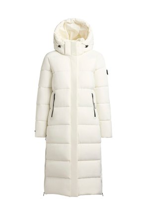 Dlouhá bílá péřová bunda s kapucí. Má rovný střih, prošívaný design, dvě boční kapsy na zip a nastavitelné šňůrky.
