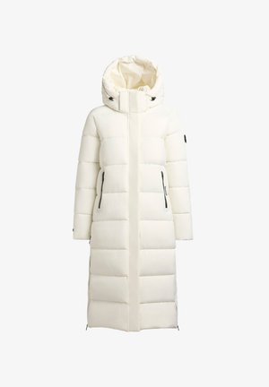 Dlouhá bílá péřová bunda s kapucí. Má rovný střih, prošívaný design, dvě boční kapsy na zip a nastavitelné šňůrky.