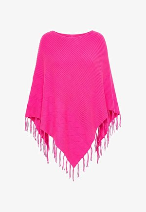 Felroze gebreide poncho met diagonale geribbelde textuur, voorzien van fringes aan de asymmetrische zoom.