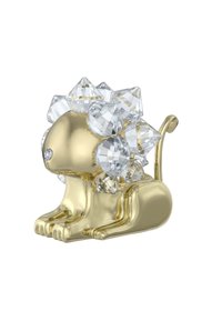 Figura di leone color oro con una finitura liscia e lucida; adornata con accenti di cristallo trasparente in varie forme sulla criniera e sul corpo.