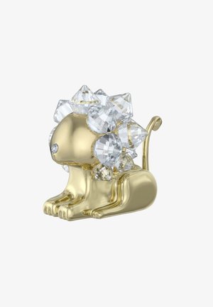 Goldfarbener Löwenfigur mit einer glatten, glänzenden Oberfläche; verziert mit klaren Kristallakzenten in verschiedenen Formen auf seiner Mähne und seinem Körper.