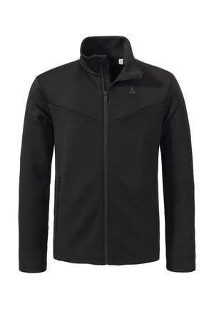 Schwarze Zip-Jacke mit hohem Kragen, aus strukturiertem Stoff gefertigt, mit schrägen Nähten und dezentem Logo auf der Brust. Zwei seitliche Taschen.