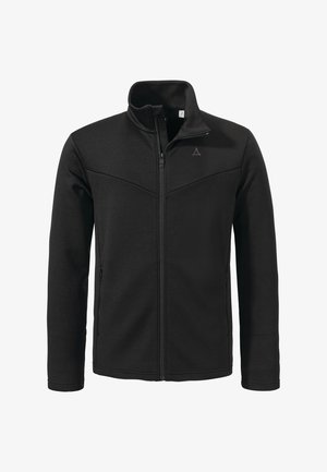 Schwarze Zip-Jacke mit hohem Kragen, aus strukturiertem Stoff gefertigt, mit schrägen Nähten und dezentem Logo auf der Brust. Zwei seitliche Taschen.