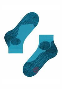 Par de calcetines atléticoss cortos en azul y negro, con refuerzo en el talón y la puntera, marcados con la talla y la marca "Falke" en rojo.