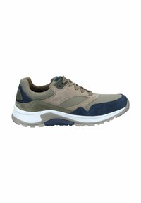 Sneaker sportivi con una combinazione di materiali sintetici beige, accenti in suede blu navy, suola bianca e tomaia testurizzata per una migliore traspirabilità.