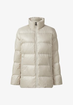 Jasnobeżowa, pikowana kurtka z wysokim kołnierzem i zapięciem na zamek z przodu, zaprojektowana z myślą o ciepłocie i codziennym noszeniu.