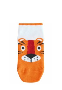 Chaussettes de cheville orange avec un motif de visage de tigre. Présentent une partie supérieure blanche, des rayures noires et des accents rouges. Fabriquées en matériau tricoté texturé.