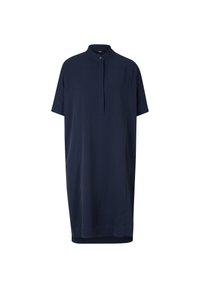 Granatowa sukienka z krótkim rękawem, z kołnierzykiem mandarynkowym, z guzikami, prostym krojem i bocznymi rozporkami, wykonana z lekkiego materiału.