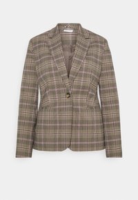 Bruine geruite blazer met een getailleerde pasvorm. Bevat een notched lapel, een enkele knoopsluiting en subtiele roze en beige accenten in het patroon.