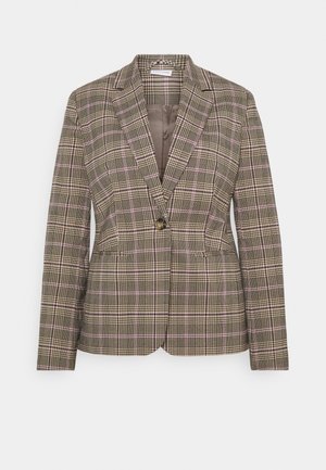 Brown plaid blazer with a tailored fit. Features a notched lapel, single button closure, and subtle pink and beige accents in the pattern.