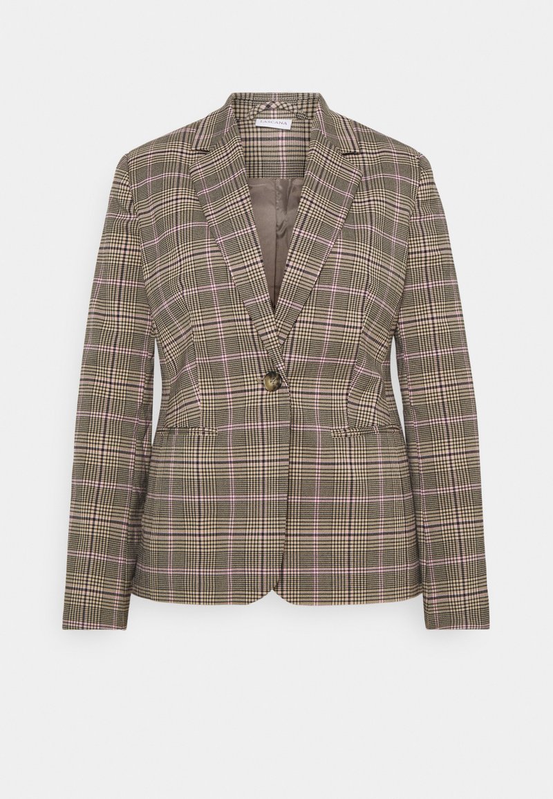 Bruine geruite blazer met een getailleerde pasvorm. Bevat een notched lapel, een enkele knoopsluiting en subtiele roze en beige accenten in het patroon.