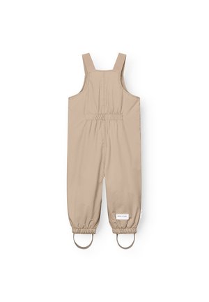 Beige, vanntette overaller med justerbare stropper, elastiske mansjetter og to sirkulære metallakenter ved beina; glatt tekstur.