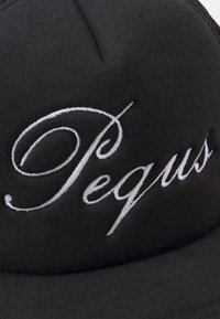 Căciulă neagră cu text brodat alb "Pegu." Textul are un font cursiv pe o suprafață texturată. Designul căciulii este creat pentru a se adapta strâns.
