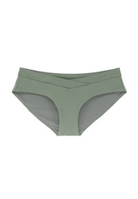 Zaļas bikinī apakšdaļas, izgatavotas no gludas materiāla, ar dubultā slāņa dizainu, sakrušotu jostu un vidēji augsta griezuma.