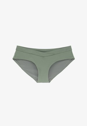 Costumi da bagno verde, realizzati in materiale liscio, con un design a doppio strato, vita incrociata e taglio a vita media.