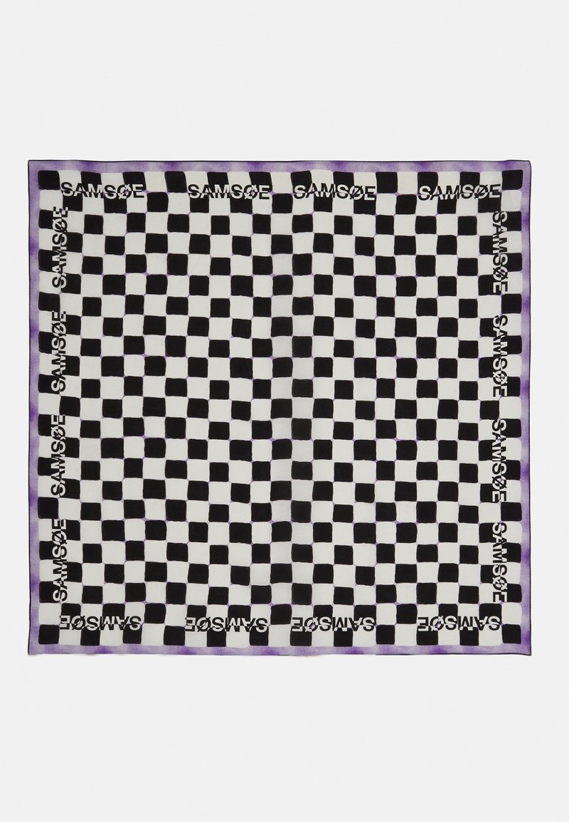 Écharpe à carreaux noir et blanc avec bordure violette et texte répété "SAMSØE" le long des bords.