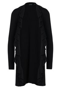 Svart långärmad cardigan i ribbat tyg, med volangdetaljer längs framkanterna och en öppen design för lager-på-lager styling.