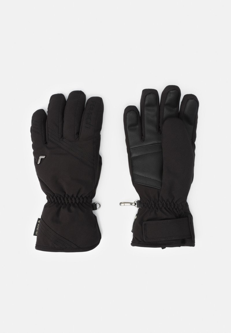 Schwarze Winterhandschuhe mit gepolstertem Design, ausgestattet mit einer strukturierten Lederfläche, elastischen Bündchen und verstellbaren Handgelenkriemen für einen sicheren Sitz.