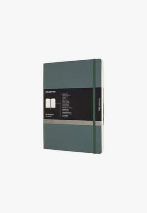 Green Moleskine Pro Notebook with a textured cover, elastic band, and a black label containing product details. 240 lined pages.