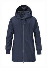 Marineblau wasserdichte Jacke mit Reißverschluss vorn, verstellbarer Kapuze, elastischen Bündchen und seitlichen Taschen. Glattes Gewebe mit matter Oberfläche.
