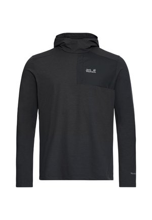 Chemise noire à manches longues avec capuche, présentant un devant uni, un tissu texturé et une poche contrastante avec un logo sur la poitrine.