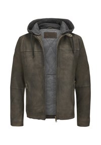 Dunkelbraune Lederjacke mit grauem Kapuzenhoodie, ausgestattet mit Reißverschlusstaschen und gestepptem Innenfutter. Glatte Textur mit dezenten Steppnähten.