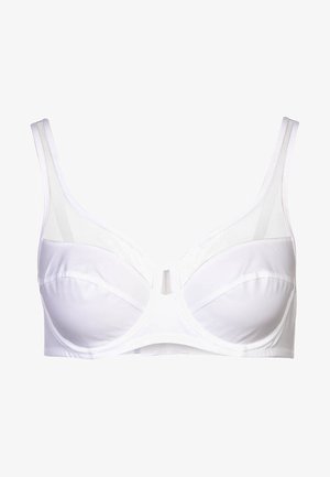 White underwire bra with sheer accents, featuring molded cups, adjustable straps, and smooth fabric for comfort. No visible closures.
