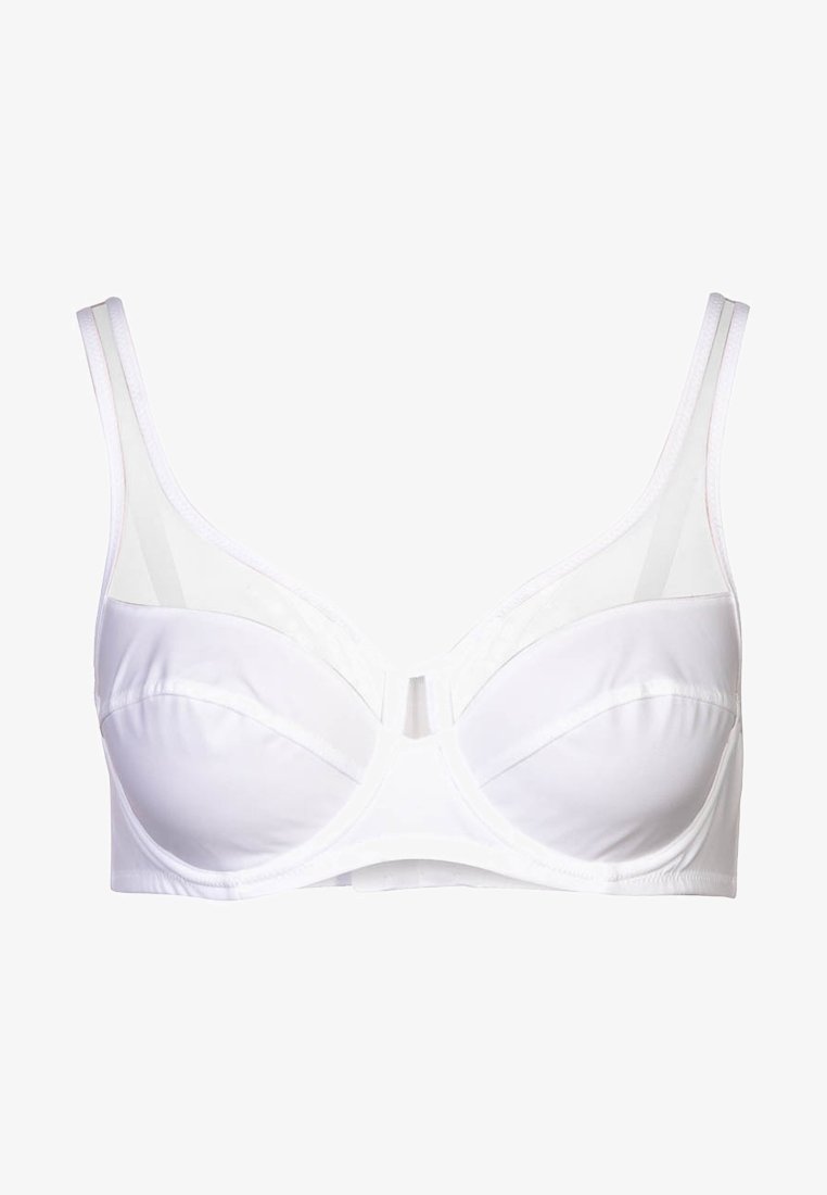 Hvid underwire-bh med gennemsigtige detaljer, der har formede skåle, justerbare stropper og glat stof for komfort. Ingen synlige lukninger.