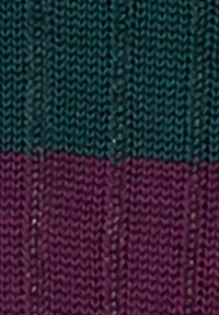 Tessuto a maglia in verde scuro e bordeaux, con un motivo a coste che presenta blocchi di colore alternati e dettagli di cucitura visibili.