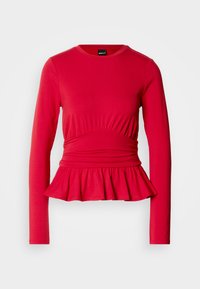 Rødt langermet topp med rund hals, innsvinget detalj i midjen og utsvingt peplumkant i mykt, elastisk stoff.