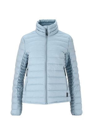 Lichtblauwe, gewatteerde jas met een hoge kraag, volledige rits aan de voorkant en ritszakken aan de zijkanten. Gestructureerde stof met verticale stiksels.