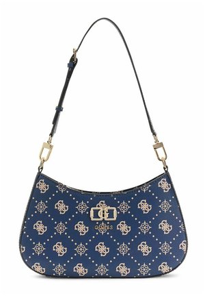Sac à bandoulière bleu marine avec motif de logo beige, détail boucle dorée, et sangle noire réglable.