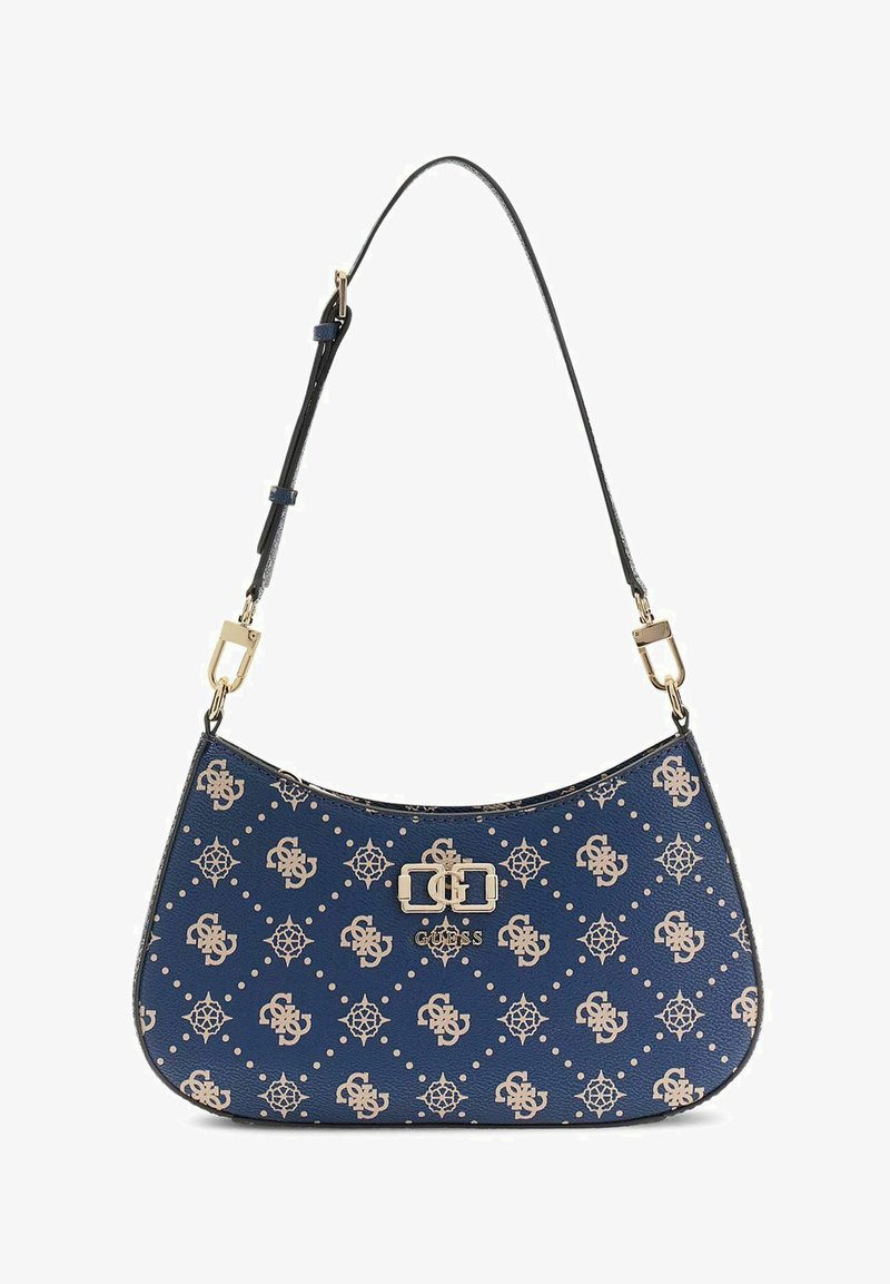 Sac à bandoulière bleu marine avec motif de logo beige, détail boucle dorée, et sangle noire réglable.