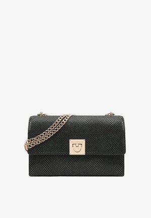 Black textured handbag with a chain strap, featuring a gold-tone clasp and logo detail on the front. Rectangular shape with a flap closure.