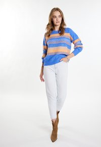 Plavi i narančasti prugasti pulover s ležernim krojem i teksturiranim uzorkom, uparen s svijetlim trapericama i smeškim čizmama na petu s oštrim vrhom.