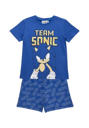 Blauw kinderoutfit met de tekst "TEAM SONIC" en Sonic the Hedgehog-afbeelding op het shirt, bijpassende blauwe korte broek met herhaalde "SONIC" tekst.
