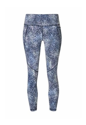 Leggings met hoge taille en enkelhoge lengte, met een blauw-wit gespikkeld patroon en gebogen naaddetails aan de voorkant.