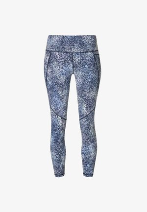 Leggings met hoge taille en enkelhoge lengte, met een blauw-wit gespikkeld patroon en gebogen naaddetails aan de voorkant.
