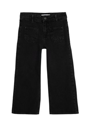 Jeans larges noirs en denim, dotés d'une fermeture à bouton, de passants de ceinture et de deux poches arrière avec des détails de couture minimaux.