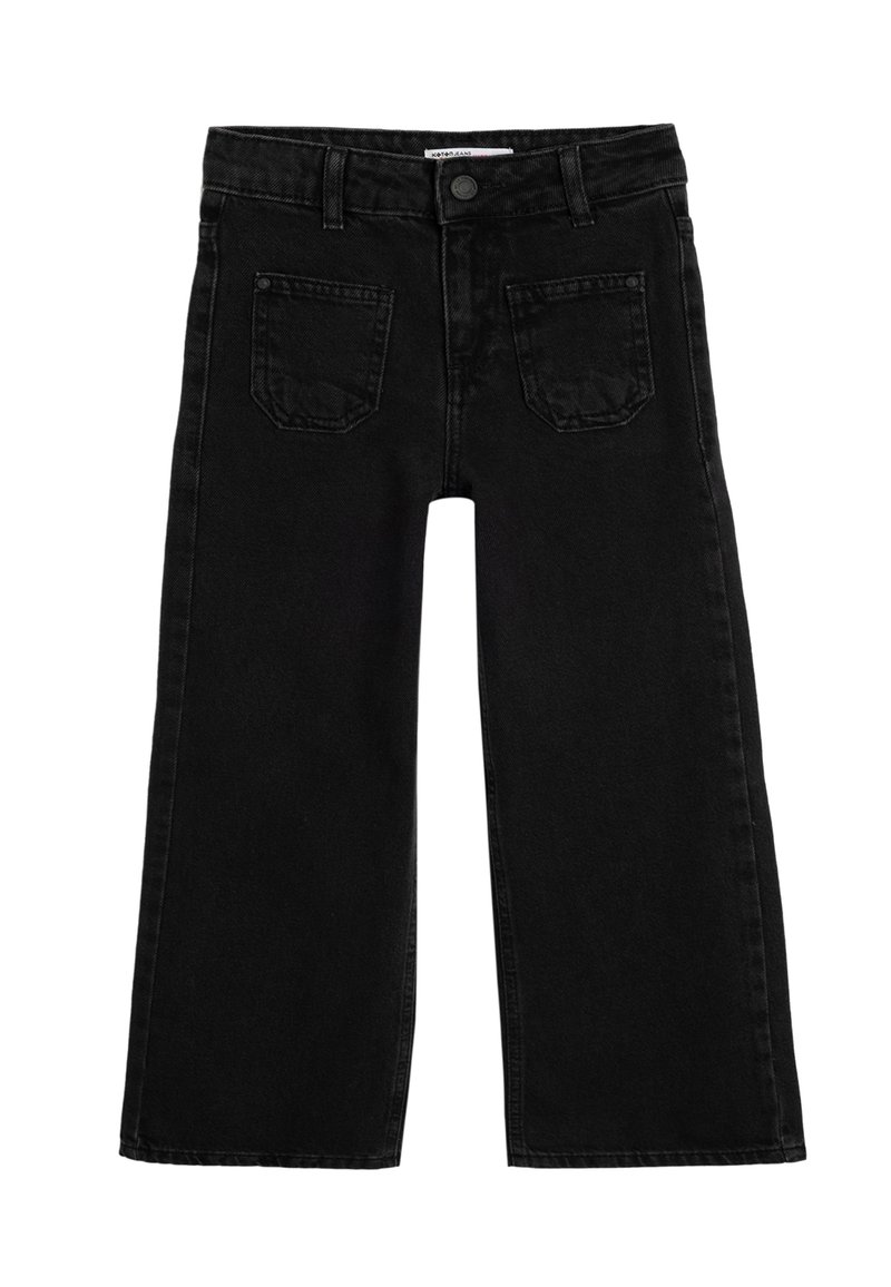 Jeans larges noirs en denim, dotés d'une fermeture à bouton, de passants de ceinture et de deux poches arrière avec des détails de couture minimaux.