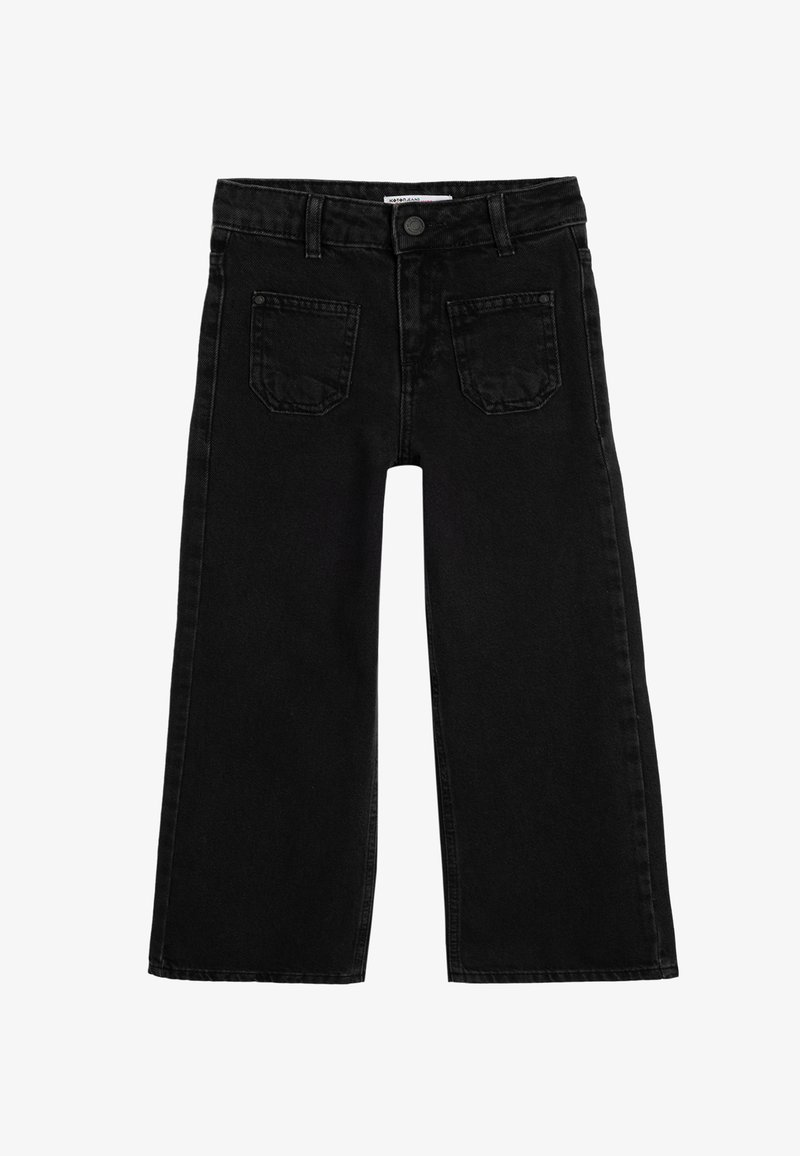 Jeans larghi neri in denim, con chiusura a bottone, passanti per cintura e due tasche posteriori con dettagli di cucitura minimali.