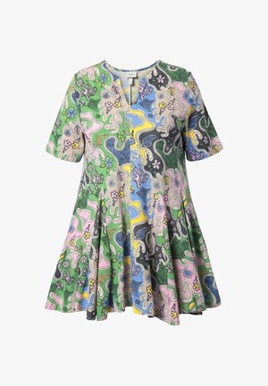 Jurk met korte mouwen en uitlopende rok, met abstracte multicolor bloemen- en golvende patronen in groen, blauw, roze, geel en zwart op zachte stof.