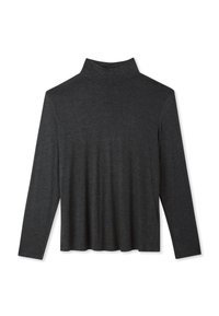 Czarny golf z ciemnoszarego materiału, uszyty z gładkiej tkaniny, z długimi rękawami i luźnym krojem, o subtelnej, lekkiej teksturze.