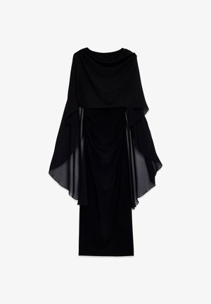 Black floor-length dress with draped sheer cape overlays extending from shoulders to mid-arms, featuring gathered fabric details on the bodice.