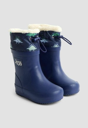 Botas de goma impermeables en navy con un upper acolchado de patrón de dinosaurio, forro de pelo sintético, cordones para ajustar y suela texturizada para mayor tracción.